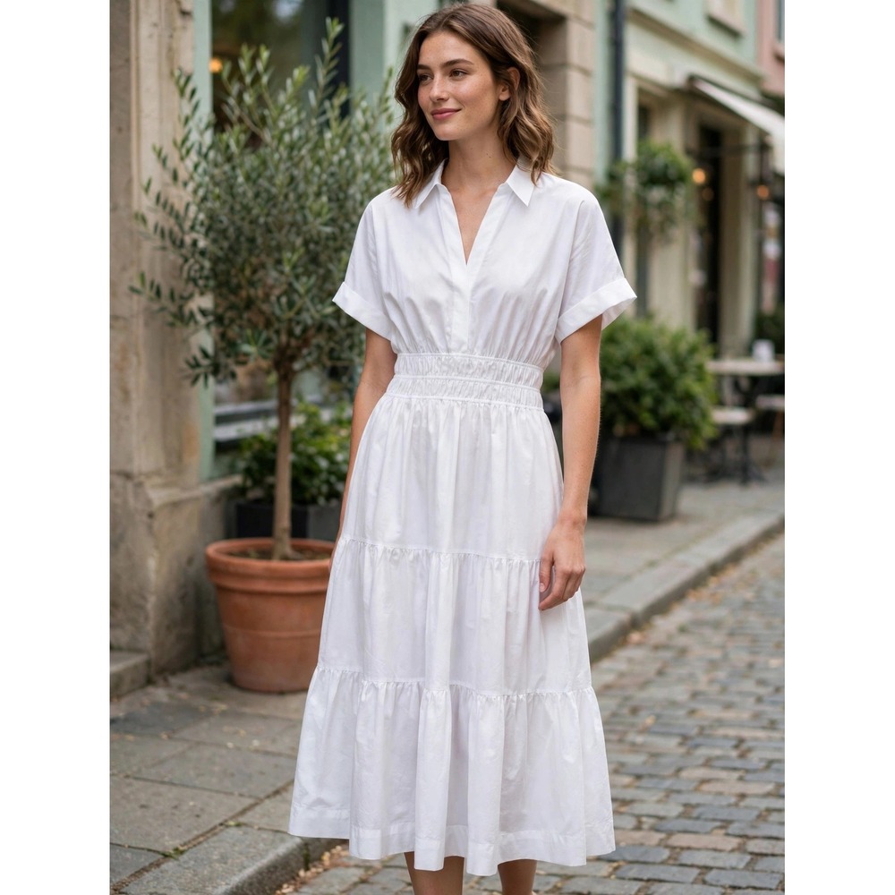 By Anthropologie White Cotton Smocked Waist Tiered Midi Shirt Dress OB2015928 M